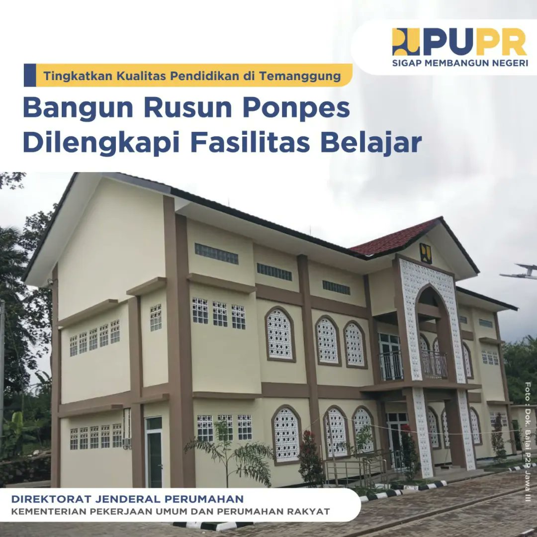 pupr_perumahan's tweet photo. Rumah Susun Pondok Pesantren (Rusun Ponpes) Al Hidayah di Kabupaten Temanggung, Jawa Tengah. Rusun ini dibangun satu tower dengan ketinggian dua lantai. Tipe hunian adalah 4 barak yang dapat menampung sebanyak 56 santriwati.

#SigapMembangunNegeri
#ProgramSejutaRumah
#Rumahsusun https://t.co/90RpPGobgT