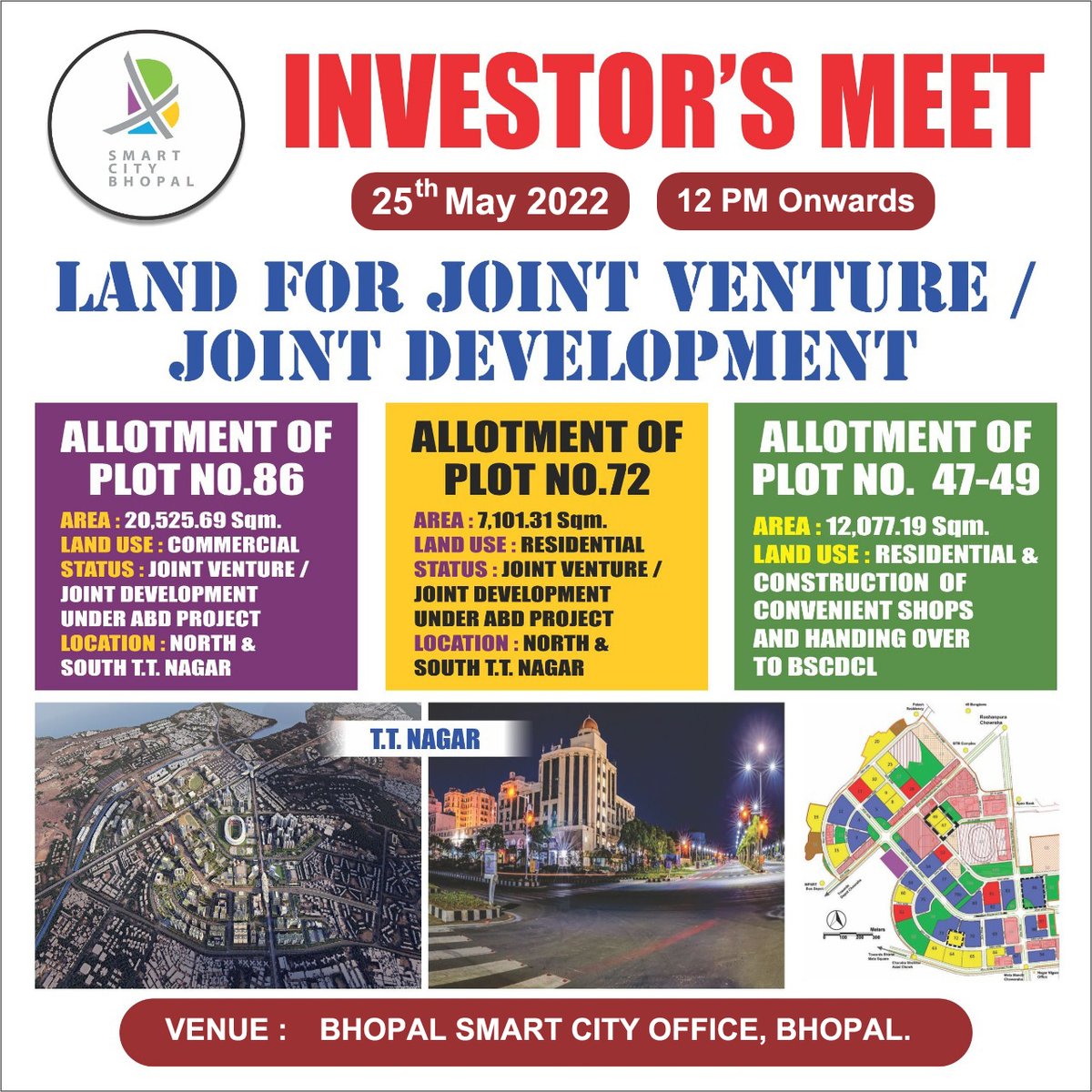 bhopal_bscdcl's tweet photo. #BhopalSmartCity is organising an Investor's Meet at Bhopal Smart City, Office for Land for Joint Venture/Joint Development on 25th May 2022 at 12 pm.
#ABD
#AreaBasedDevelopment
#SmartCitiesMission https://t.co/ikUlq9d1pD