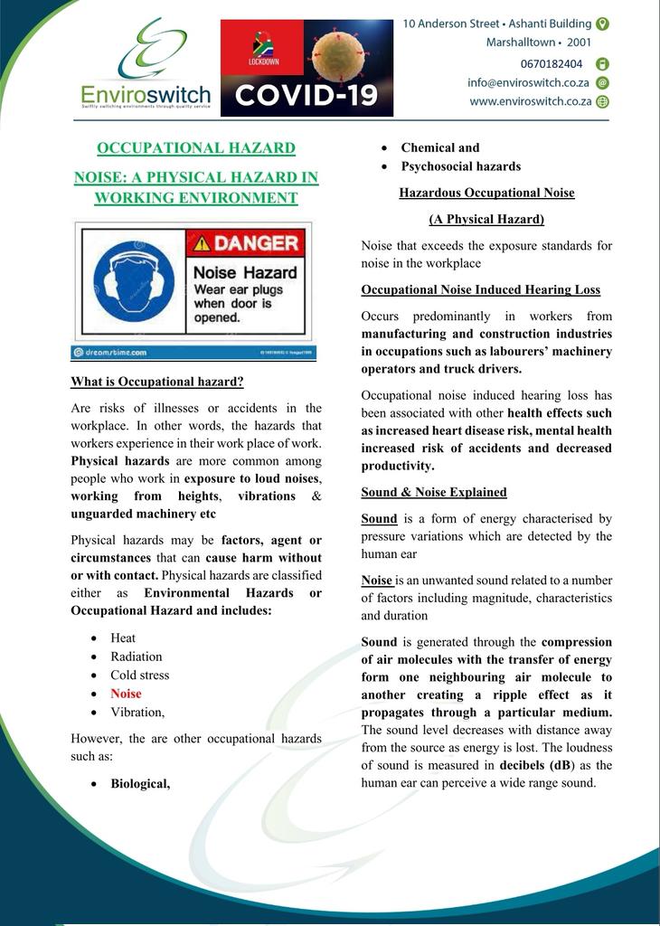 EnviroswitchSA's tweet photo. New article out... Occupational Health and Safety and the identification of hazards in the workplace is key to an organization's success #SwiftlySwitchingEnvironmentsThroughQualityService #occupationalhealthandsafety #RiskAssessment #hazards https://t.co/VVgtBmQjrn for more https://t.co/ZTkqlR1DdV