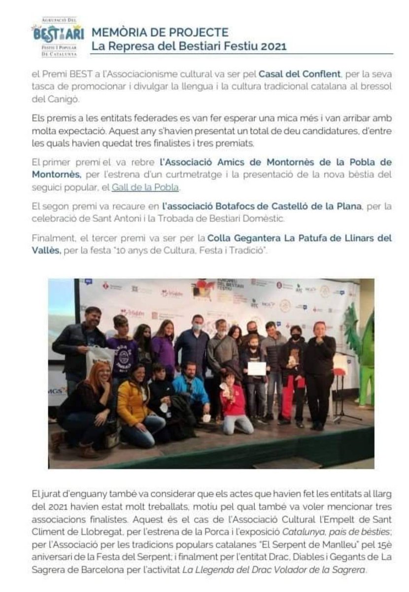 Botafocscs's tweet photo. El proper 28 de maig 2022, @BestiariFestiu, a Barcelona. En la memòria d'activitats lliurada apareixen els premis Best 2021. A #Botafocs van rebre el segon premi pel projecte "Sant Antoni i la Trobada de Bestiari Domèstic". #Trobades2022 #premisbest2021 #best2021 https://t.co/Ngwj9JACwa