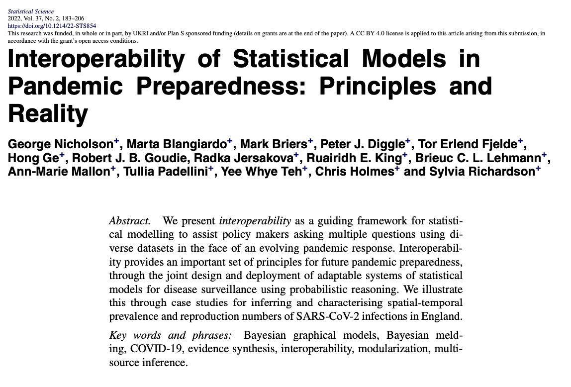 New "Interoperability" paper at Statistical Science doi.org/10.1214/22-STS…

Shows how modular Bayesian model ideas (eg Markov melding) enable adaptable systems of models for COVID-19

with George Nicholson <a href="/oxcsml/">OxCSML</a>, Sylvia Richardson <a href="/MRC_BSU/">MRC Biostatistics Unit</a> + more <a href="/turingrss_hdlab/">Turing-RSS Health Data Lab</a> <a href="/RoyalStatSoc/">Royal Statistical Society</a>