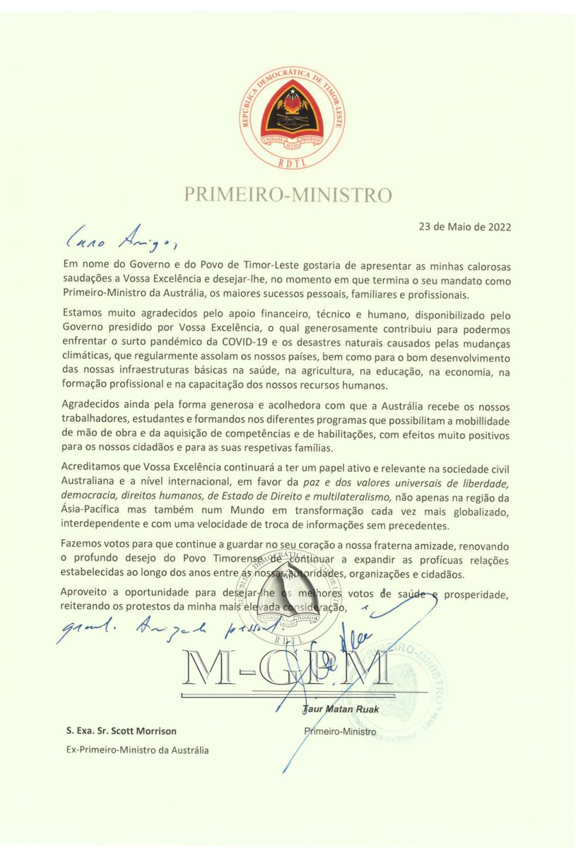 Copy of the thank you letter from His Excellency the Prime Minister of Timor-Leste, Mr. Taur Matan Ruak to His Excellency the Former Prime Minister of Australia, Mr. Scott Morrison.