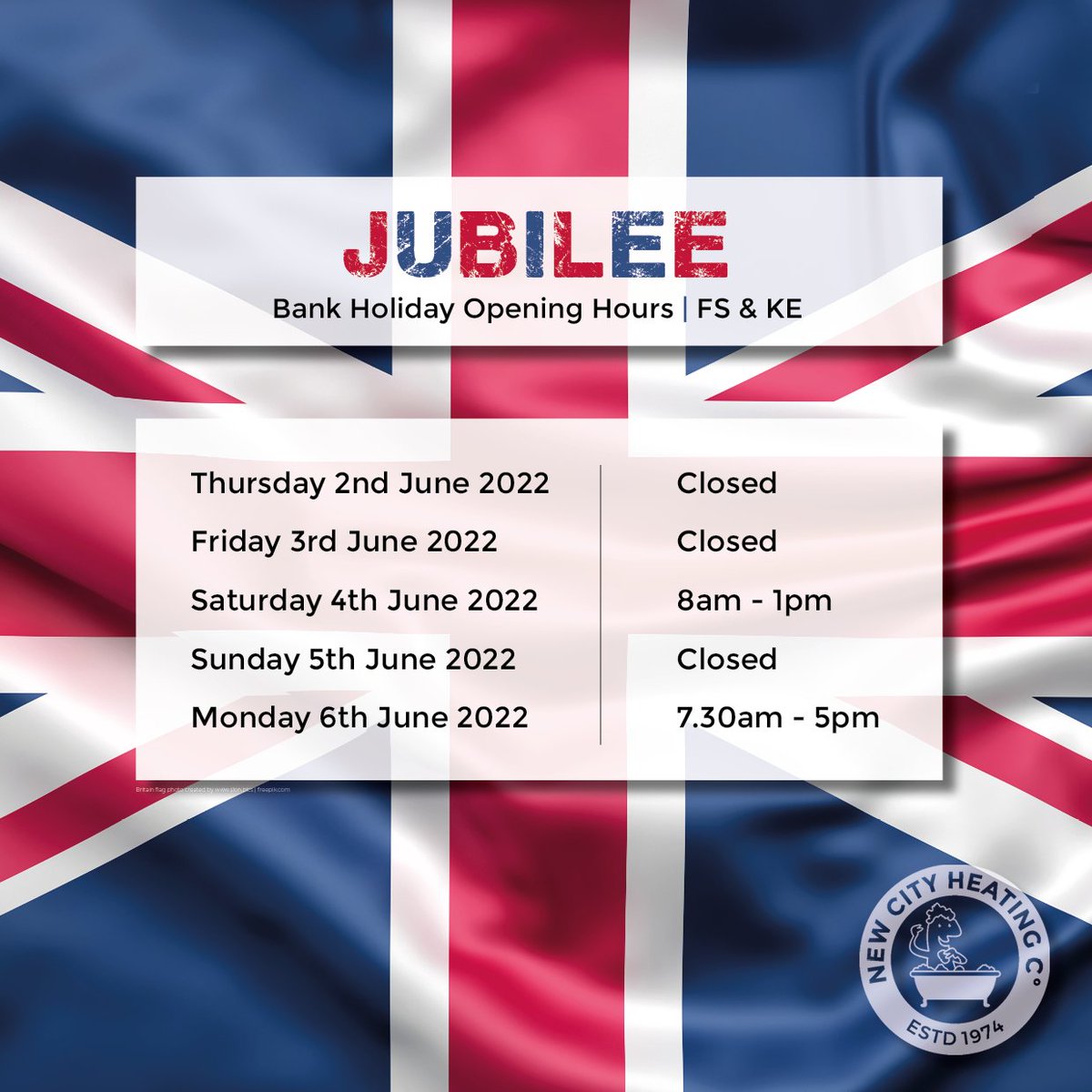 🇬🇧 J U B I L E E 🇬🇧

Here are our bank holiday opening hours for the Jubilee.
Swipe right to find your local branch ➡️

#newcityheating #jubilee #bankholiday #openinghours #bankholidayweekend #queensjubilee #heating #plumbing #bathrooms