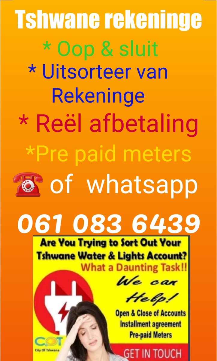 TSHWANE ACCOUNTS.
Let us do the work for you. Our team visit different Tshwane offices on a daily basis to tender the best possible service to our clients.

* Opening/Closing of accounts.
* Setllements &amp; Installmentplans. 
* Tshwane Pre-paid
* Sub pre-paid meters
* Refunds