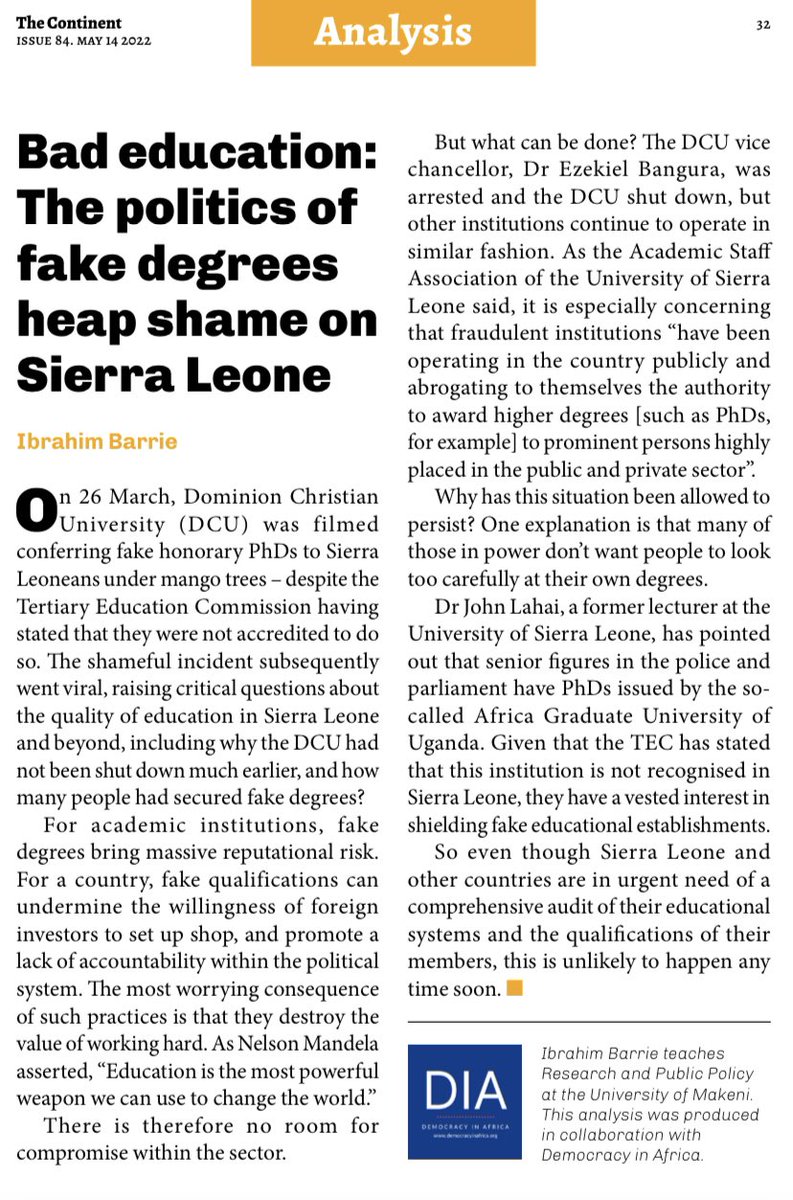 #ICYMI 

Check out Ibrahim Barrie’s take down of the cash for degrees scandal in Sierra Leone 

Part of the great collaboration between <a href="/AfricaDemocracy/">Democracy in Africa</a> and <a href="/thecontinent_/">The Continent</a> 

#SierraLeone 
#BadEducation 
<a href="/ibarrie44/">Hon. Ibrahim Barrie</a>