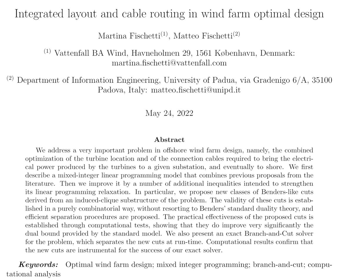 MFischetti's tweet photo. Benders-like cuts for a quadratic #MIP problem arising in optimal #winfarm design #orms; joint work with @MartiFischetti (and @Fischenders) aka #MF^2

https://t.co/TrtZwPRU4q https://t.co/E4u7USfWqm