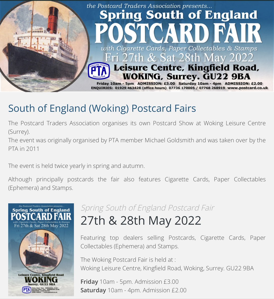 Just a reminder for all you #postcard enthusiasts or those who might be tempted! that it’s the big Woking fair this week. It has a great range of dealers and everything starting from 20p bargains Fast and frequent trains from Waterloo, I’ll be there on Friday.