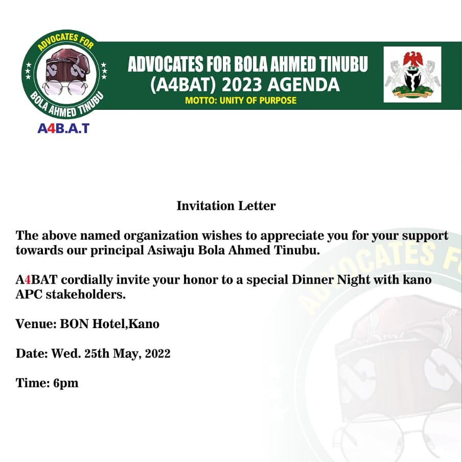 BATFor2023's tweet photo. The Advocates For Bola Ahmed Tinubu #A4BAT Cordially Invites Everyone To A Special Dinner Night.
@Mr_JAGs @woye1 @DOlusegun
@mamatee001 https://t.co/daRyrWNxAL