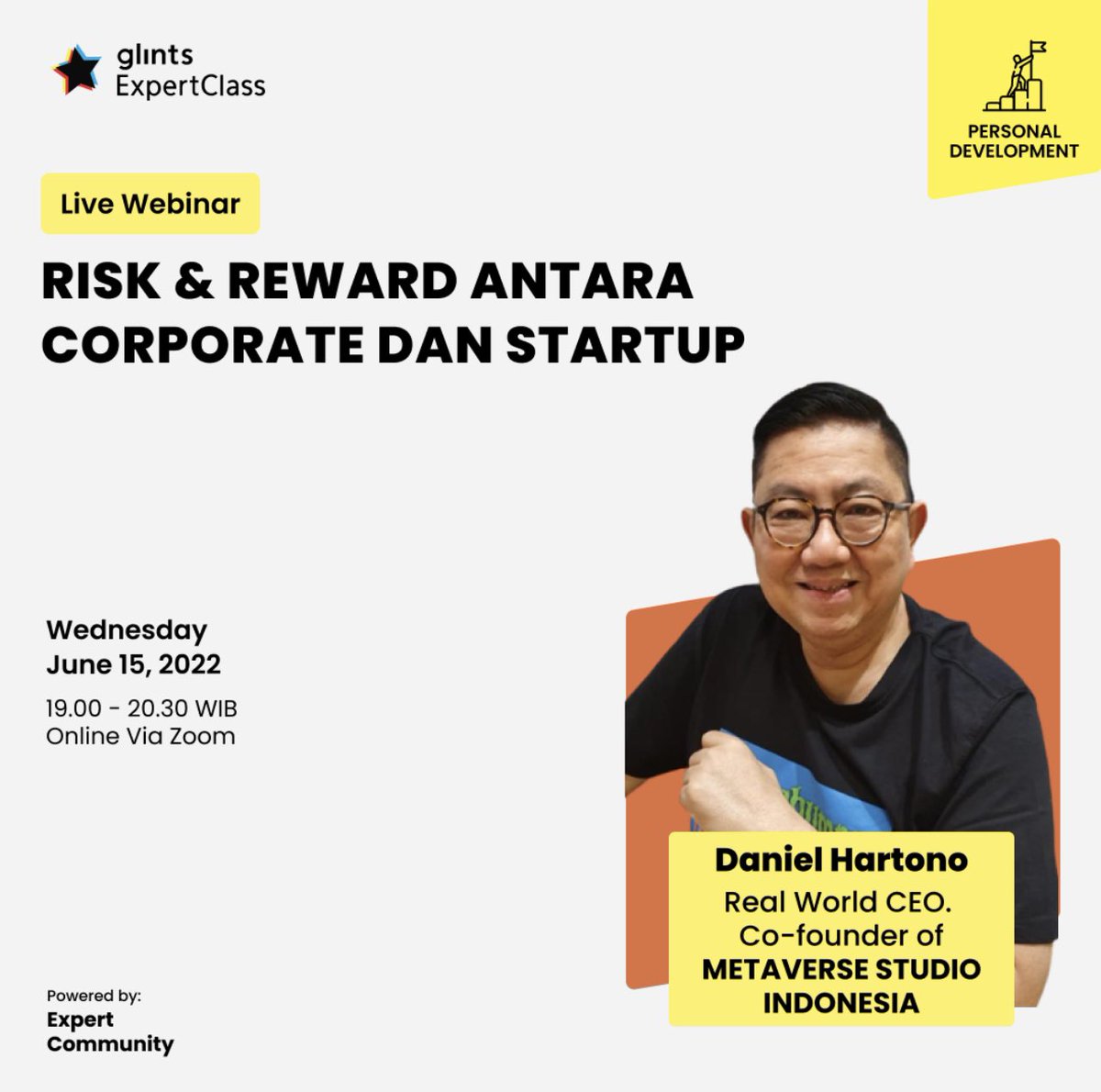 Jawaban kebingungan profesional muda yang tertantang untuk memulai bisnis startup. Tidak hanya itu, kelas ini juga akan membahas pentingnya mempunyai jenjang karir sebagai profesional.