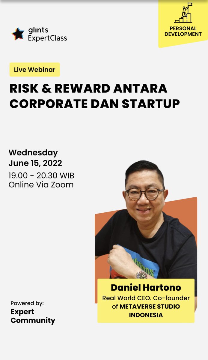 Key learning points:
1. Memahami resiko dan benefit sebelum resign dari kantor dan memulai karir baru
2. Pelajari kiat survive dalam situasi politik kantor dan bisa naik terus di tangga jenjang karir
Bonus: Menyiapkan dan membuat startup!
