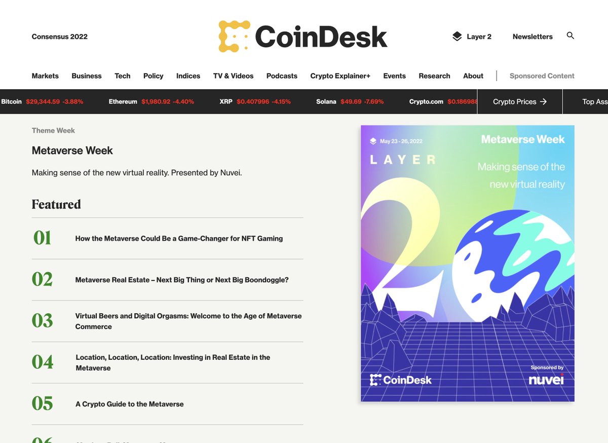 .<a href="/CoinDesk/">CoinDesk</a> published a great series of articles for Metaverse Week including:
🔹How the Metaverse Could Be a Game-Changer for NFT Gaming
🔹Location, Location, Location: Investing in Real Estate 
🔹How to Get Started in <a href="/TheSandboxGame/">The Sandbox</a> 

👉 coindesk.com/layer2/metaver…