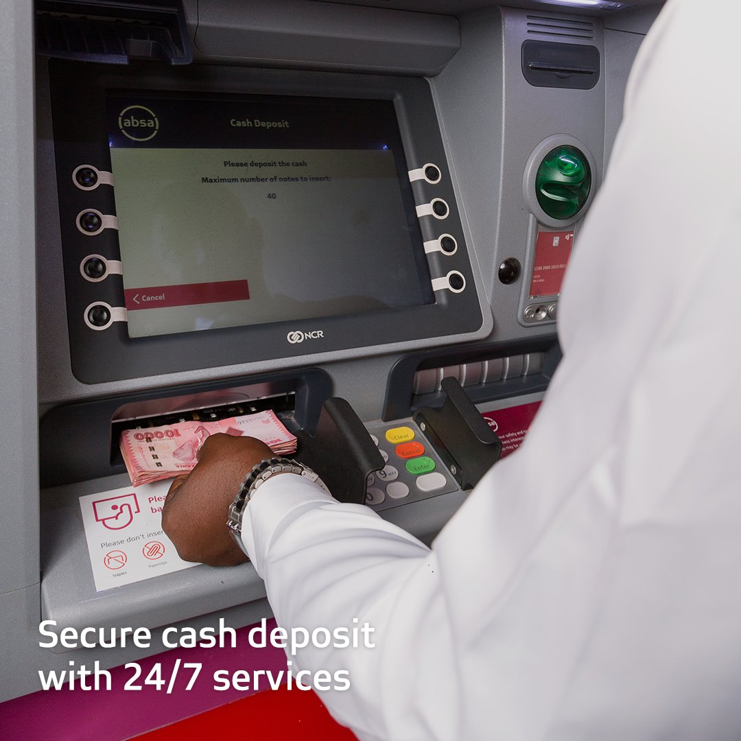 AbsaTanzania's tweet photo. You no longer need to visit the branch to deposit cash into your account. With our Cash Depositing ATMs you can deposit cash into your account securely at your own convenience - even after working hours. Another digital innovation that gets things done. #ThisIsAfricanacity. https://t.co/PtlX7mz9lN