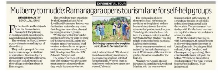 Mulberry to Mudde: Ramanagara open tourism lane for Self-Help group: <a href="/DeccanHerald/">Deccan Herald</a>

SHG women from Ramanagara took a group of German tourists on an experimental #SericultureTour explaining from mulberry cultivation to weaving a silk saree

<a href="/PMOIndia/">PMO India</a> <a href="/CMofKarnataka/">CM of Karnataka</a> <a href="/Ikrum_shariff/">Ikram</a>