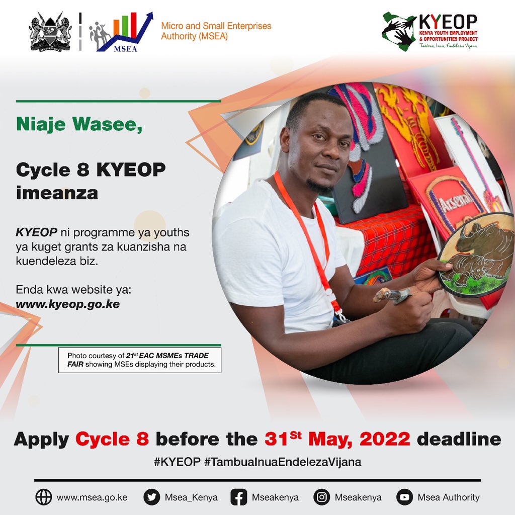 MSEA_Kenya's tweet photo. KYEOP CYCLE 8 APPLICATIONS
To apply, go to https://t.co/4Jb5sbdzKR 
#TambuaInuaEndelezaVijana @KYEOP_Kenya @Trade_Kenya @IndustryKE https://t.co/FKjmPR5mf1