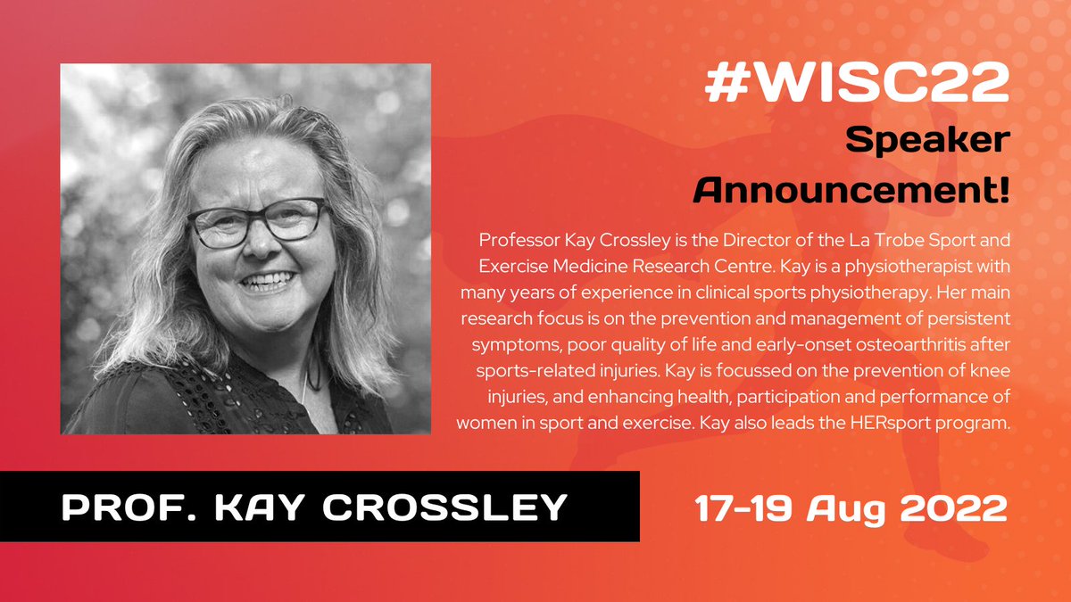 📢 Invited speaker announcement!

We know that injury prevention works! 💪

Professor <a href="/kaymcrossley/">KC (she/her)</a> from <a href="/latrobe/">La Trobe University</a> University will be updating #WISC22 on how to prevent injuries for women and girls in sport. This is one not to be missed!

✍️ womeninsportcongress.org.au