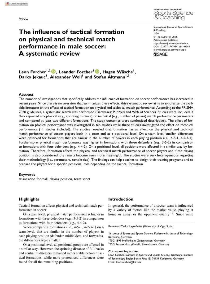 New Publication in 
International Journal of Sports Science &amp; Coaching

The influence of tactical formation on physical and technical match performance in male soccer:
A systematic review

DOI: 10.1177/17479541221101363

<a href="/leander_fo/">leander forcher</a> 
<a href="/StefanAltmann3/">Stefan Altmann</a> 
<a href="/jekauc/">Darko Jekauc</a>
