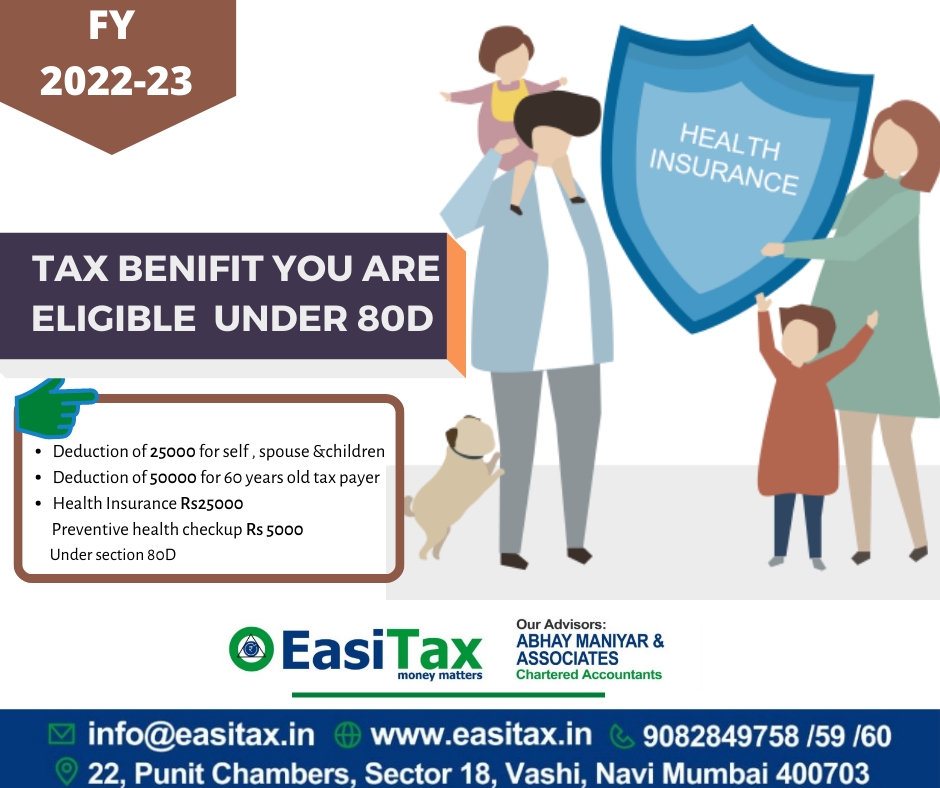 EASiTax's tweet image. Section 80D allows for the deduction for money spent on maintaining your health and health insurance, and assumes great significance in your tax planning and personal finance.
#Section80D
#Taxbenefit
#Easitax
#HealthInsurance