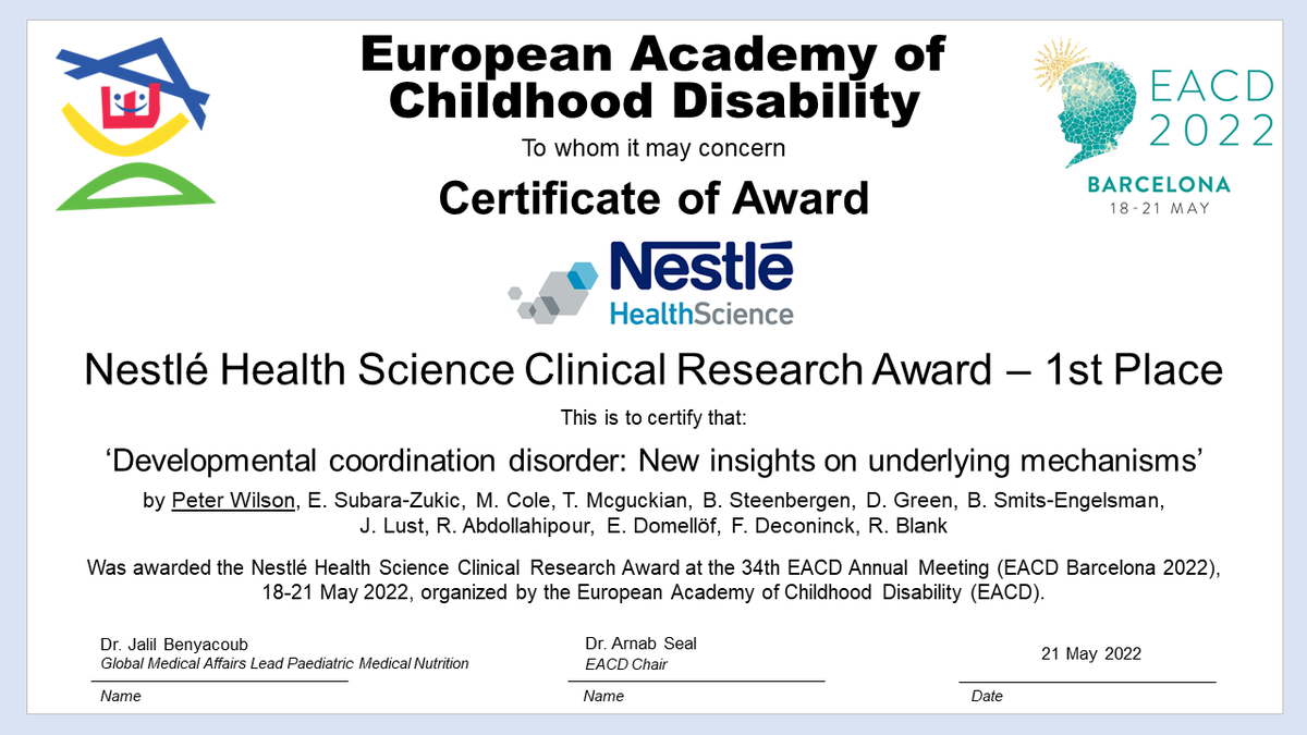 EACD2025's tweet photo. #EACD2022 - Nestlé Health Science Clinical Research Award – 1st Place:
 ‘Developmental coordination disorder: New insights on underlying mechanisms’, abstract submitted by Peter Wilson and colleagues
Check here the full paper: https://t.co/OyHBZIxgMR https://t.co/rtPXugHyjj