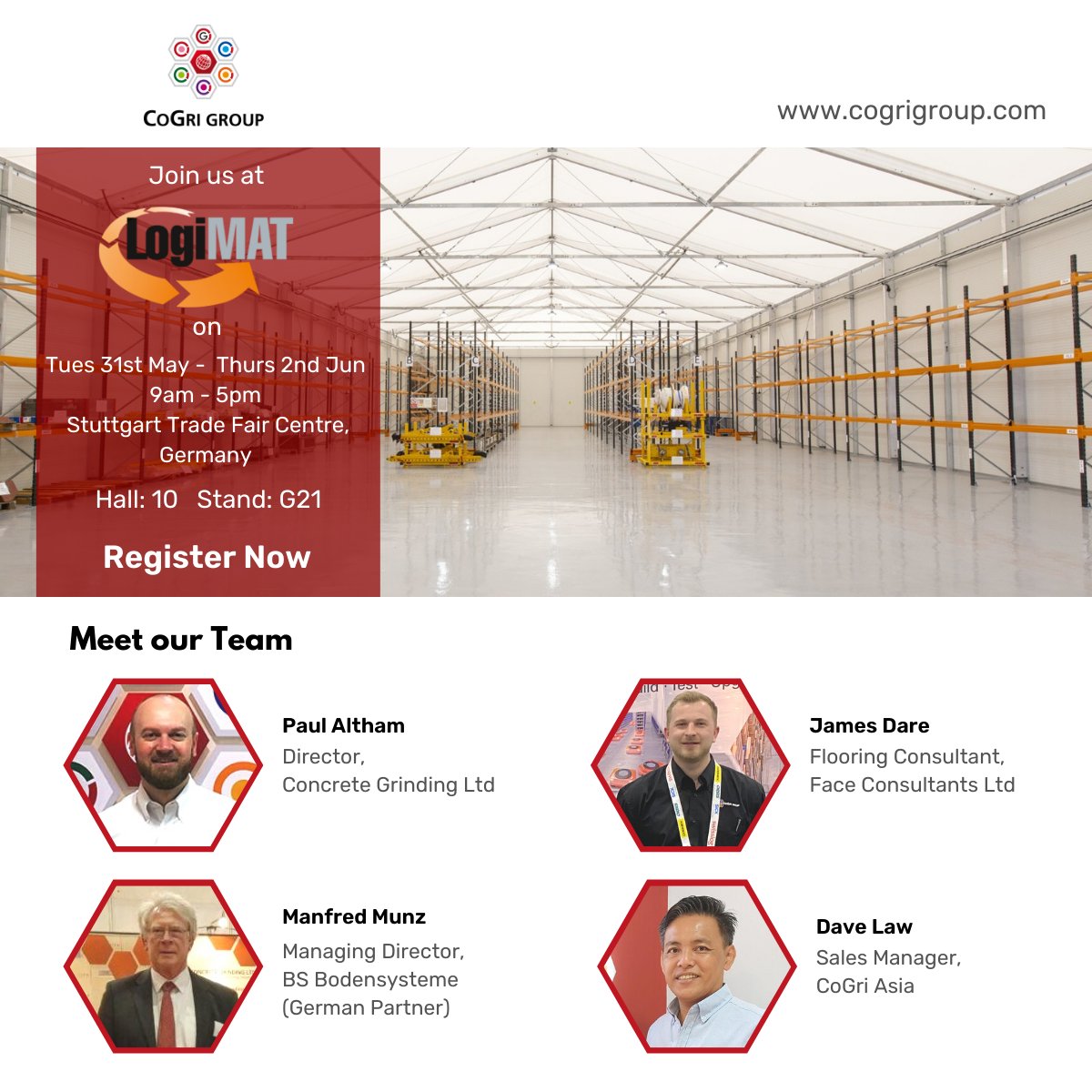 Concrete_Grind's tweet image. 1 week to go till @LogiMAT_Messe
We look forward to connecting with you during the show. Meet our Team, at Stand G21 to find out how our #warehouse #flooringsolutions can help maximise your operation&apos;s efficiency.

#logimat22 #automation #robotics #vna #concrete #floorflatness