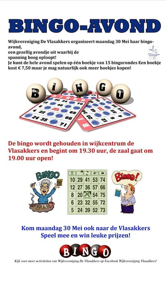 Op maandag 30 mei 2022 houdt Wijkvereniging De Vlasakkers haar maandelijkse bingo-avond #Zwolle #IndischeBuurt #Vlasakkers #Bingo #Volwassenen #Diezerpoort #spel #ontspanning #gezelligheid