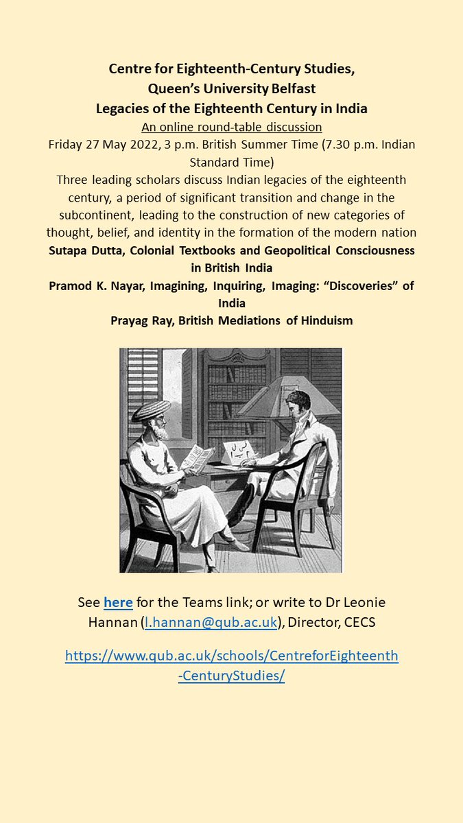 Join us this Friday for our round table on Legacies of the Eighteenth Century in India, with Sutapa Dutta, Pramod K. Nayar and <a href="/PrayagRay/">Prayag Ray</a> speaking. Contact <a href="/LeonieHannan/">Leonie Hannan</a> for the link. <a href="/BSECS/">18th Century Studies</a> <a href="/bsecspg/">BSECS Postgrad ECR</a> <a href="/BSECS_Criticks/">Criticks</a>