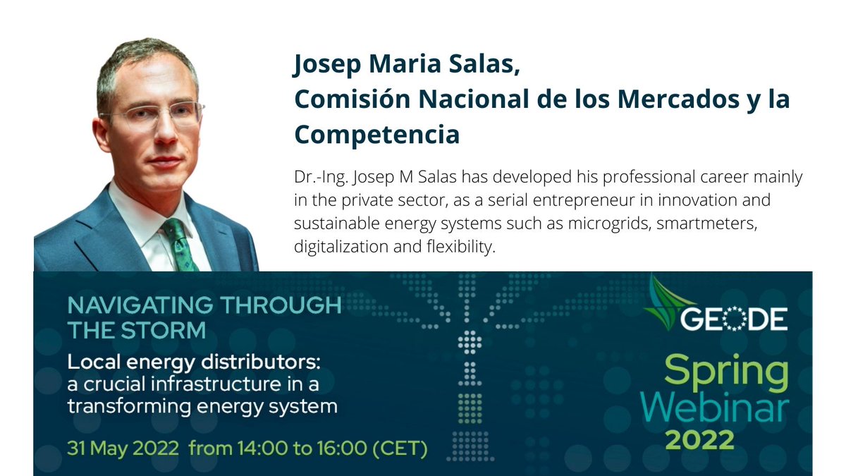 The #SpringSeminar2022 is getting closer! 
With us Dr.-Ing. <a href="/Pep_Salas/">Pep_Salas</a>, member of the board of CNMC  🇪🇸 &amp; Commissioner at Board of Regulators of <a href="/CEERenergy/">CEER</a>!
We are looking forward to meeting you for a fruitful and interesting discussion!
More ➡️  bit.ly/GEOSS202