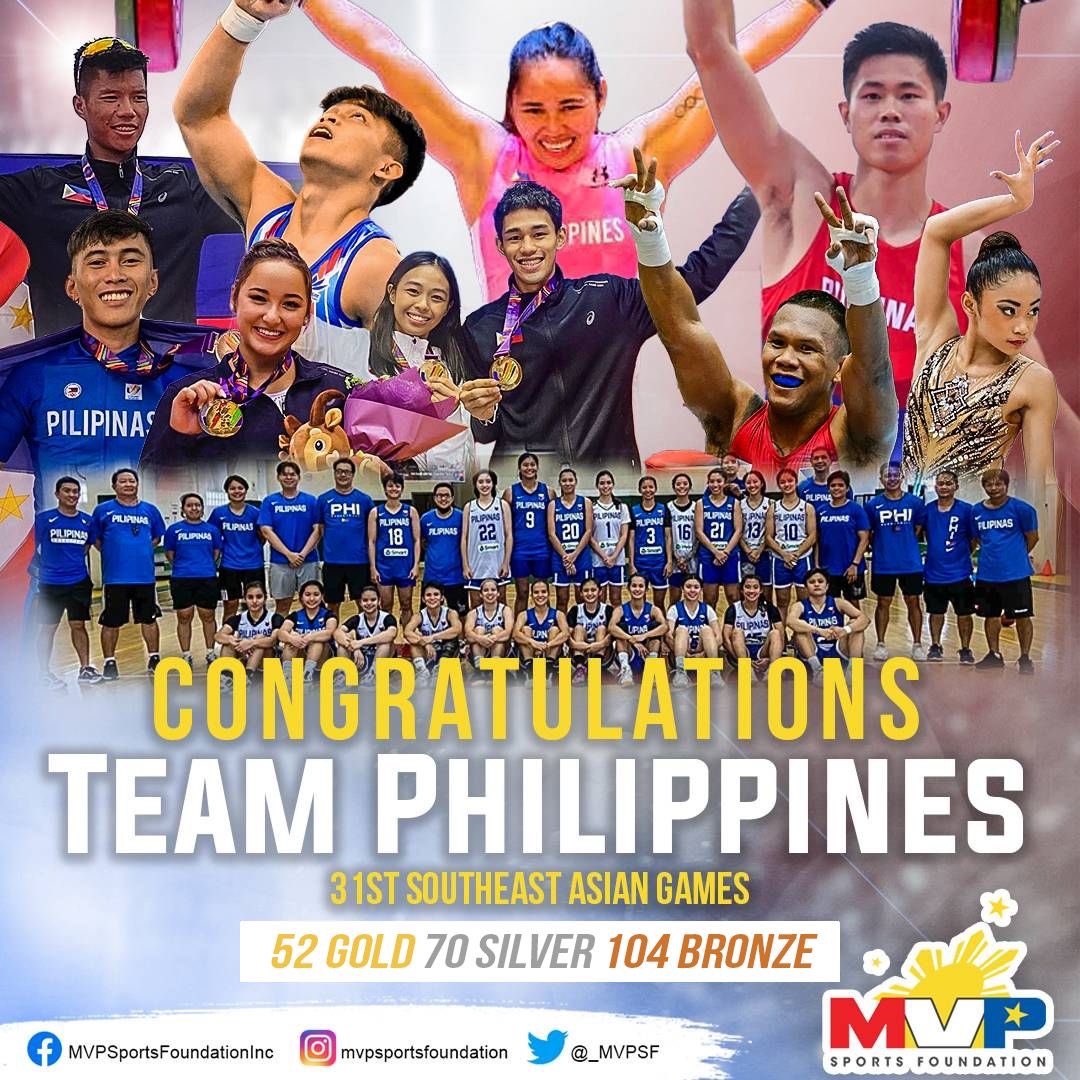 BASTA PILIPINO, PUSONG PANALO!  🇵🇭

52 🥇 medals
70 🥈 medals
104🥉 medals

We have officially concluded our 31st Southeast Asian Games campaign and we would like to thank our athletes for continuously bringing pride and honor to our country!💪🇵🇭💯

#SEAGames2022