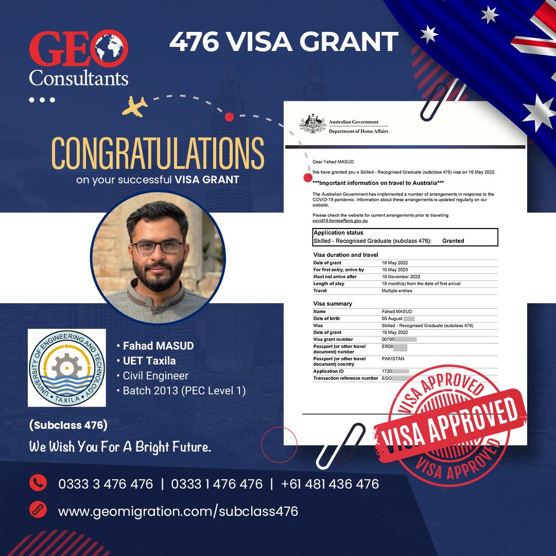 GEOmigration's tweet photo. After patiently waiting for two long years, 🥳 we are delighted to announce our first subclass 476 visa grant after the opening of Australian borders. 🇦🇺

👷 Fahad Masud
🏫 UET Taxila
📅 Batch 2013 (PEC Level 1)

🌐 https://t.co/CwNKDWMDd4
#subclass476 #Visa476 #476visa https://t.co/R1uxTopsGN