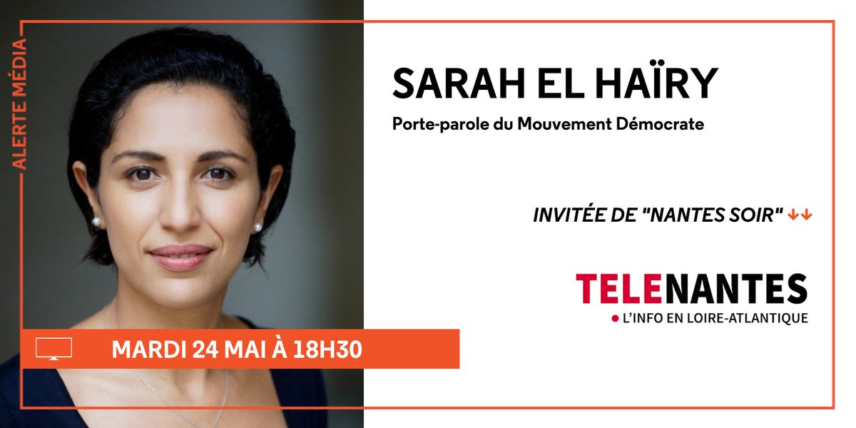 MoDem's tweet photo. 🗣️ @sarahelhairy, Porte-parole du MoDem, est l'invitée de @telenantesinfo et @OuestFrance ce soir ! 

📺 Rendez-vous à 18h30 👉 https://t.co/PB6bF3UZwL https://t.co/B4qwqExuiR