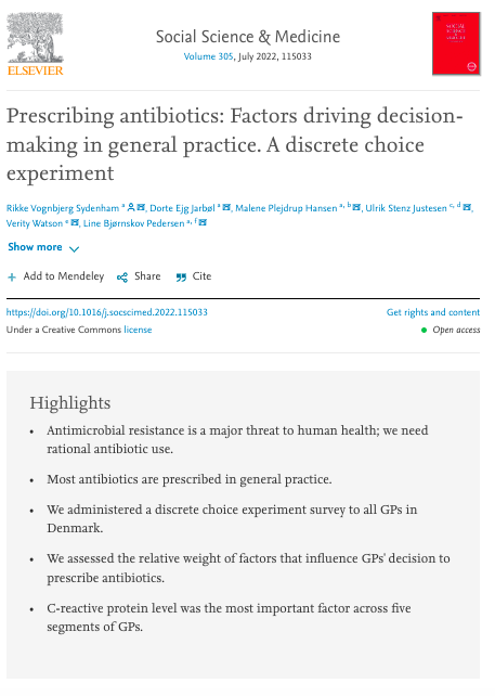 New pub by RV Sydenham, <a href="/DorteJarbol/">Dorte Jarbøl</a>, MP Hansen, US Justesen, @VWatsonEcon, <a href="/linebjoernskov/">Line B. Pedersen</a> (<a href="/DaCHE_SDU/">DaCHE</a>) in @socscimed: "Prescribing antibiotics: Factors driving decision-making in general practice. A discrete choice experiment" sciencedirect.com/science/articl…