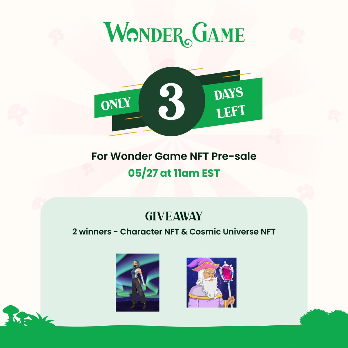 ✨NFT Giveaway✨ 
2 winners - Character NFT and Cosmic Universe NFT

1. Follow <a href="/wonderdotgame/">Wonder Game 🍄</a>
2. ♥️ the Tweet
3. Join discord.gg/wonderdotgame
4. Tag 3 friends