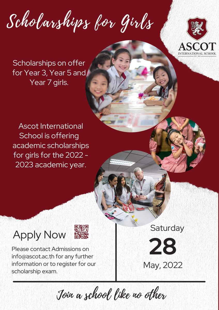 Ascot International School Thailand (@ascotthailand) on Twitter photo Don’t forget to share this to your siblings, friends and family! Ascot is offering scholarships for girls in the academic year of 2022-2023. Registration now opens, please scan the qr code to book your seat. The exam is on Saturday 28th May at our Campus. info@ascot.ac.th Don’t forget to share this to your siblings, friends and family! Ascot is offering scholarships for girls in the academic year of 2022-2023. Registration now opens, please scan the qr code to book your seat. The exam is on Saturday 28th May at our Campus. info@ascot.ac.th