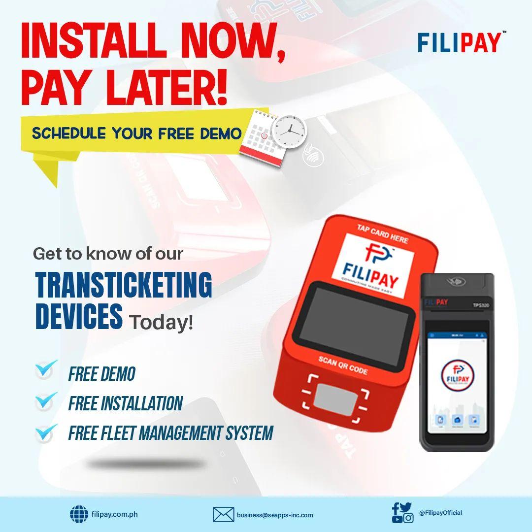 Yes, the news is out. Get your complete automated fare collection system today, PAY LATER!

Free DEMO
Free Installation
Free Fleet Management System

All that and more when you #GoCashlessWithFILIPAY