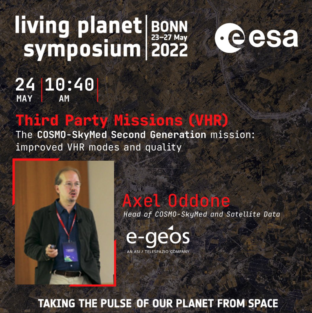e_geos's tweet photo. In a few minutes Axel Oddone, Head of COSMO-SkyMed and Satellite Data #eGEOS, will join #LPS22 at the panel “Third Party Missions” to talk about “#COSMOSkyMed Second Generation mission: improved VHR modes and quality”. ROOM: Bangkok

#Satellite #RADAR #Sustainability @ESA_EO https://t.co/FXQsA5huUy