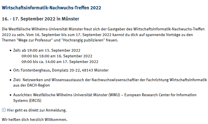 johuellm's tweet photo. Das Wirtschaftsinformatik-Nachwuchstreffen geht in die nächste Runde. Unter dem Motto "Gemeinsam. Stark. In Präsenz." möchten wir Nachwüchsler:innen herzlich in Münster beim @ercisorg begrüßen. Vorträge von @janrecker, @janvombrocke, Johannes Wessels (Rektor @WWU_Muenster) (1/2) https://t.co/AaLVSbynoP