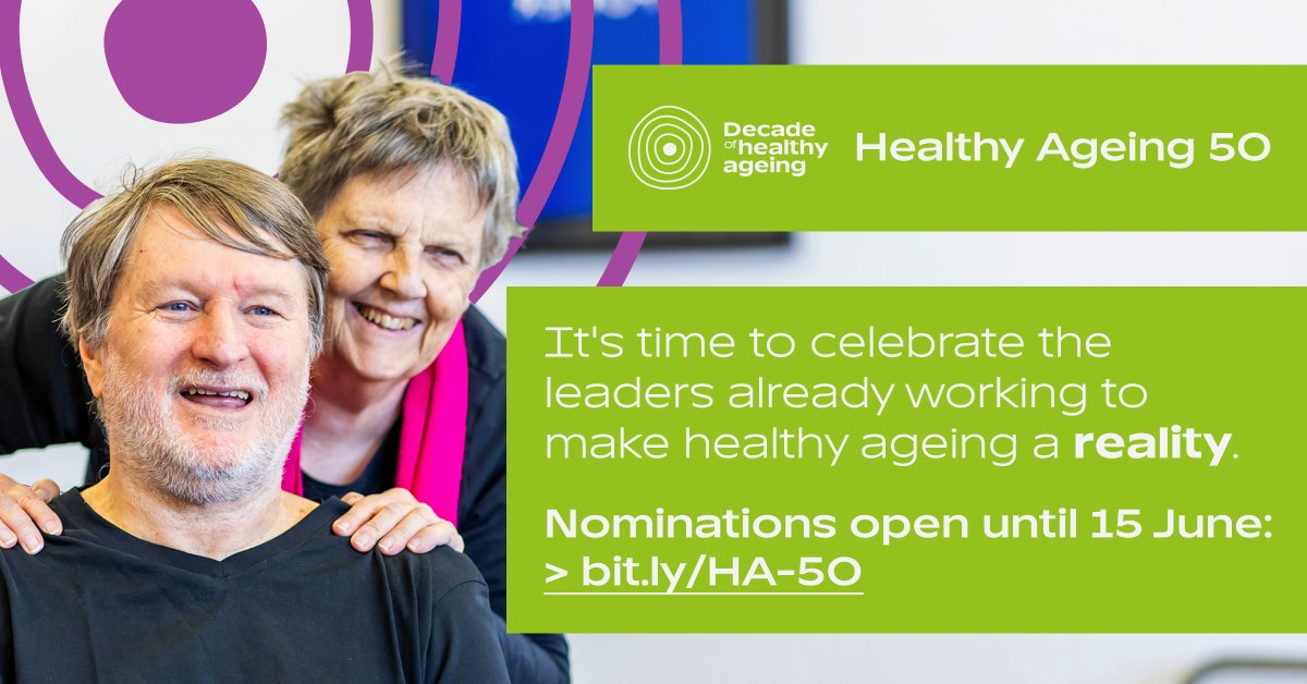 WHO/Europe (@who_europe) on Twitter photo The <a href="/UNDecadeAgeing/">UN Decade of Healthy Ageing (2021-2030)</a>'s vision is ambitious: a 🌏where everyone can live long, healthy lives. But there are leaders already working to make this vision a reality. It's time to honor them.
👉Nominate yourself or someone you know for the #HealthyAgeing50: bit.ly/HA-50 The <a href="/UNDecadeAgeing/">UN Decade of Healthy Ageing (2021-2030)</a>'s vision is ambitious: a 🌏where everyone can live long, healthy lives. But there are leaders already working to make this vision a reality. It's time to honor them.
👉Nominate yourself or someone you know for the #HealthyAgeing50: bit.ly/HA-50