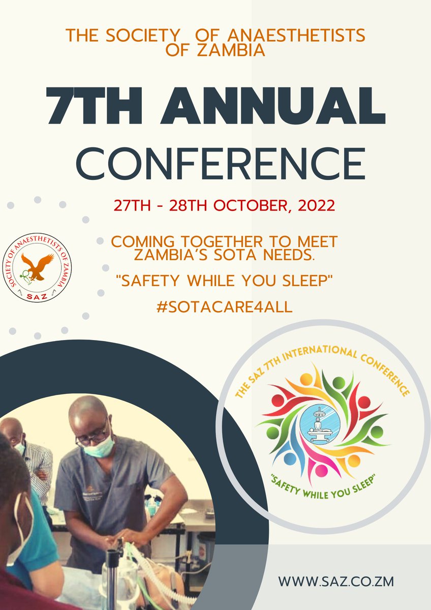 After a two-year break, the @SAZchangers annual conference is back!

This year’s focus is on how we can collaborate with others in the SOTA fields to provide safe and effective surgical and anaesthetic care.

#SAZ2022 #SOTA #SOTACARE4ALL #safeanaesthesia