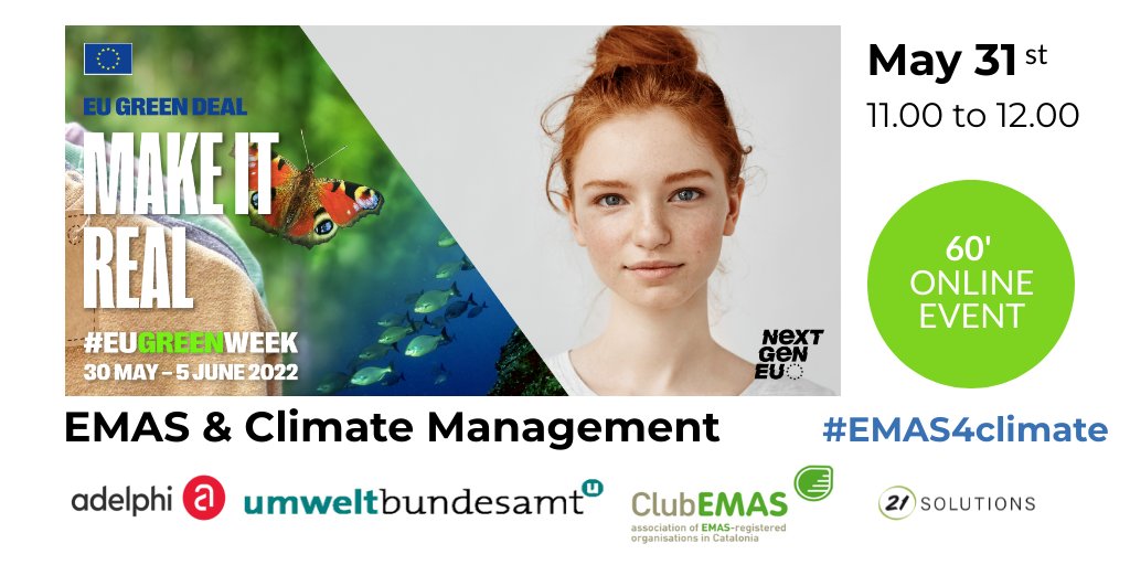clubemas's tweet photo. ¿Tenéis acciones de #GestiónClimática en vuestra organitzación? El 31/5, el #EMAS Helpdesk de la UE organiza un seminario web de 60' dentro de la #EUGreenWeek Inscripciones ya abiertas #EMAS4Climate #GreenDeal #WeForEMAS #MakeItReal Toda la info a https://t.co/BegzpPMZOG https://t.co/emkgz0fPXi