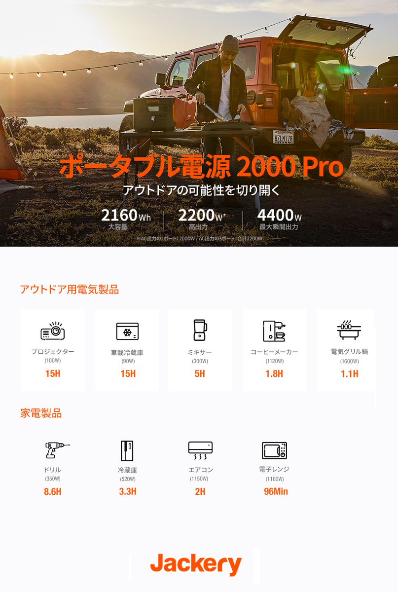 jackeryjapan's tweet photo. 回答ありがとうございます☺
結果は、「長時間の使用や消費電力の大きい電化製品も利用可能」が一位でした。
実際にどれくらい使用出来るか❓って気になっている方も多いのでは...?
ここで #SolarGenerator2000Pro で家電製品の使用時間の目安を紹介しますー♪
製品情報➡https://t.co/tHizUSfwKF https://t.co/Krg5tjapoA
