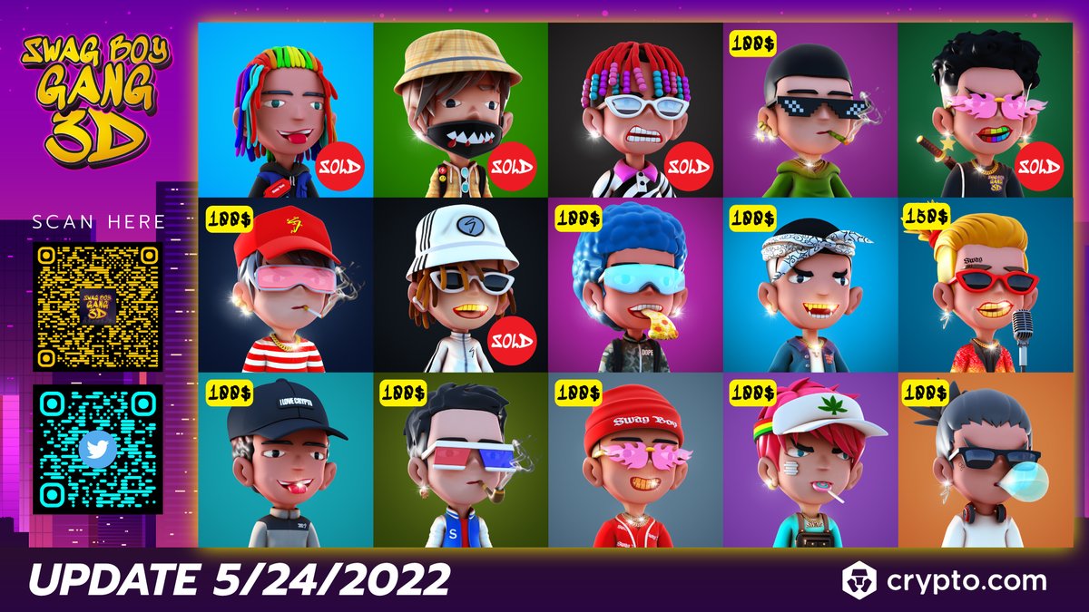 🔥SWAG BOY GANG 3D🔥
📌Update Sale 5/24/2022
✅Common 100$ 5/14
✅Rare 150$ 0/1
.
Get now
crypto.com/nft/collection…
.
❤️Thanks for support.  #SBG3D
#NFT #NFTs #NFTGiveaway #NFTCommunity #CRO #crofamily #NFTThaicommunity #NFTthai #NFTTHAILAND #NFTthaiartist #NFTtrend #NFTdrop