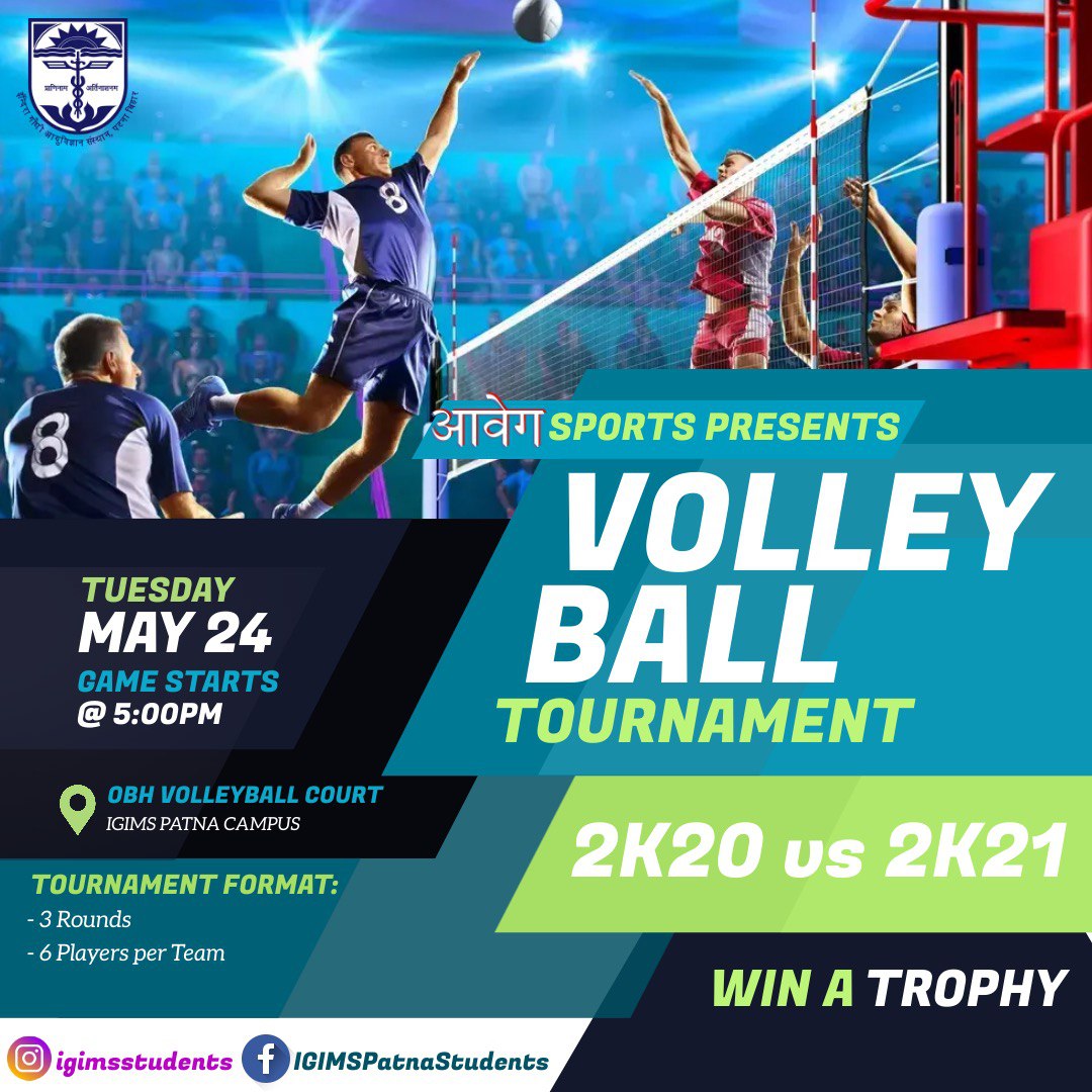 IgimsStudents's tweet photo. #Aavheg #SummerFest #IGIMS #VolleyBall 🏐
Aavheg Day4: The start of Aavheg's Volleyball Tournament.
First match is between the two juniormost batches.. 2020 vs 2021. We urge all the respected seniors to come and support them. Venue: OBH Volleyball Ground @ 5PM🏐🏐🏐 https://t.co/ZoY7xjU3jX