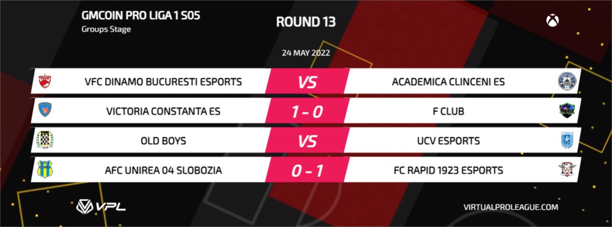 VPL Romania XBOX (@vplromaniaxbox) on Twitter photo 🏆 GMCOIN Pro Liga 1 - Etapa 13
🕙 22:00
▶️ #OldBoys 🆚 <a href="/ucvesportsxb/">UCV Esports</a>
▶️ <a href="/VFCDinamoEs_XB/">VFC Dinamo Bucuresti eSports XBOX</a> 🆚 <a href="/ClinceniXBOX/">Academica Clinceni XBOX</a>
<a href="/eSportsFCRapid/">FC Rapid 1923 eSports</a> si #VictoriaConstanta nu joaca din cauza echipelor care s-au retras!
<a href="/coin_gm/">GMCoin</a> <a href="/VPLglobal/">Virtualproleague</a> 🏆 GMCOIN Pro Liga 1 - Etapa 13
🕙 22:00
▶️ #OldBoys 🆚 <a href="/ucvesportsxb/">UCV Esports</a>
▶️ <a href="/VFCDinamoEs_XB/">VFC Dinamo Bucuresti eSports XBOX</a> 🆚 <a href="/ClinceniXBOX/">Academica Clinceni XBOX</a>
<a href="/eSportsFCRapid/">FC Rapid 1923 eSports</a> si #VictoriaConstanta nu joaca din cauza echipelor care s-au retras!
<a href="/coin_gm/">GMCoin</a> <a href="/VPLglobal/">Virtualproleague</a>