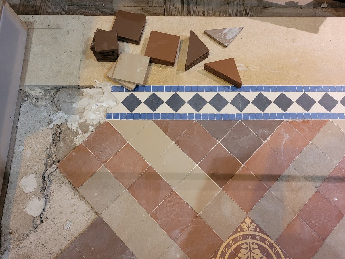 As part of the Reordering Works, @mosaicrestor are in the process of carrying out in-situ geometric tile repairs to the Sanctuary at <a href="/ShrewsCathedral/">Shrewsbury Cathedral</a> - a large missing section of the Minton Tessellated mosaic is also being reinstated using the in-direct method. <a href="/matherellisltd/">Mather and Ellis Ltd</a>