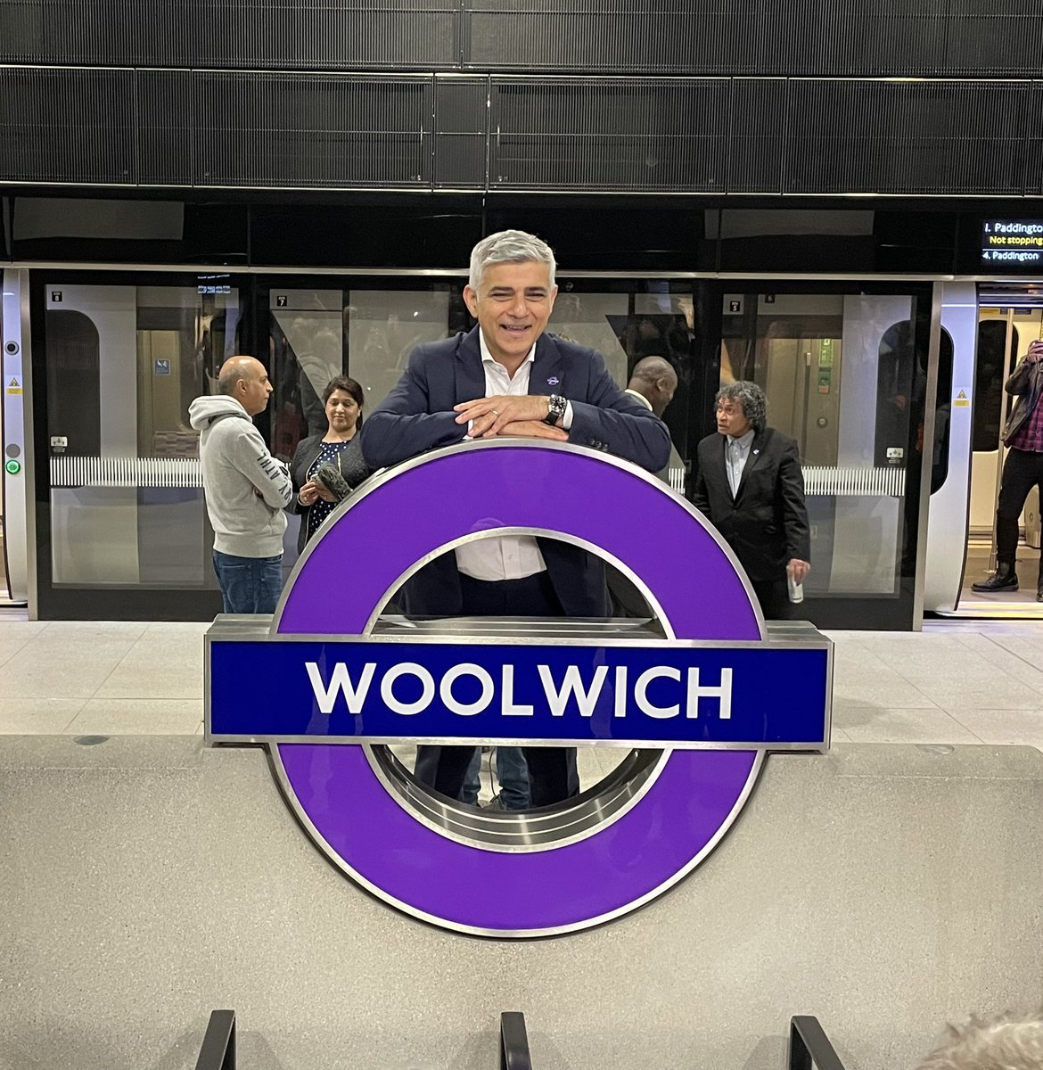 Mayor Sadiq Khan arrives at Woolwich station on the new Elizabeth line. <a href="/ltmuseum/">London Transport Museum</a> <a href="/TfL/">TfL</a>