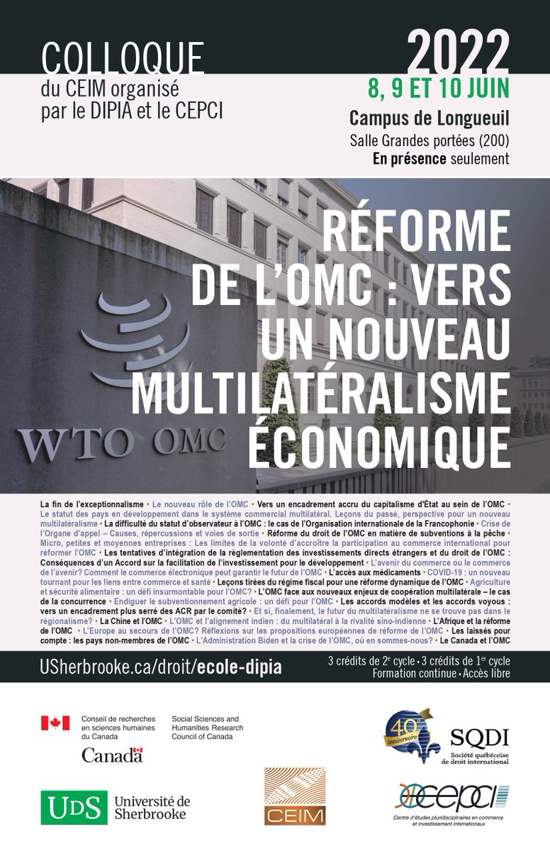 LaboCredimi's tweet image. [SAVE THE DATE] 📆
#Clotildefortier, professeure de droit privé et directrice du @credimi de l'@univbourgogne participe au colloque «Réforme de l’OMC : vers un nouveau multilatéralisme économique »
Modalités d’inscription &amp;amp; informations: usherbrooke.ca/droit/programm…