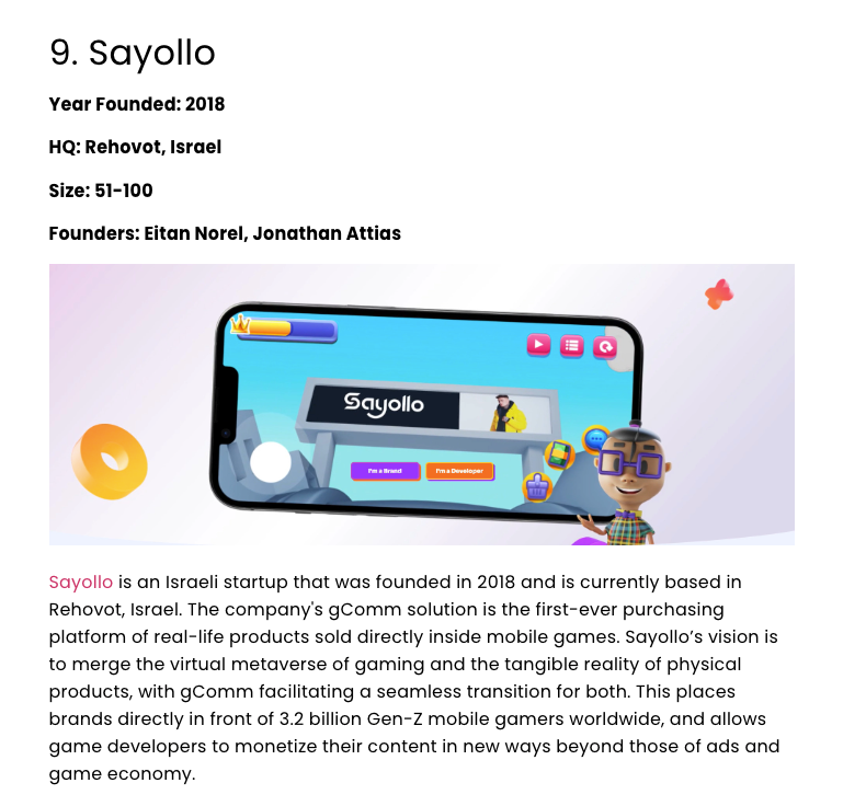 jonattias's tweet photo. This week, #Sayollo was listed as one of the "Top Israeli Startups to Watch in 2022" by @startupstash! We're honored to be listed with these startup power players:
https://t.co/31jBwLJkHW
#gCommerce #Gamification #MobileGames #DemandGen #gComm https://t.co/0Ege3DszfO