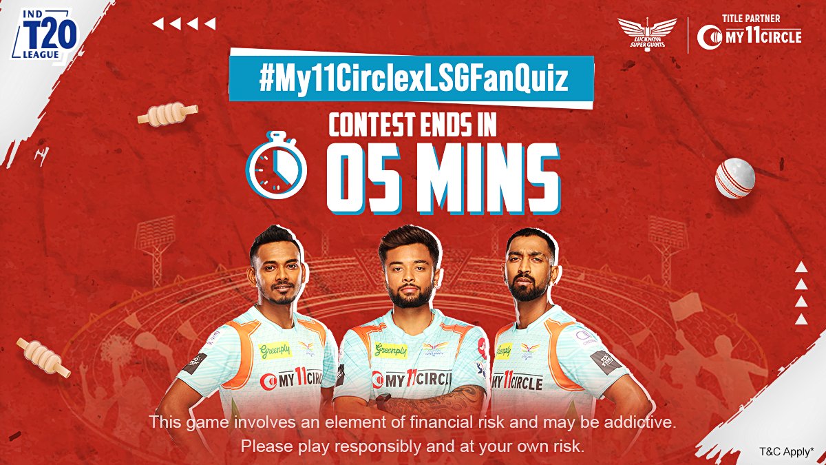 My11Circle's tweet photo. ⏰👀 Tick-tock! The #My11CirclexLSGFanQuiz contest ends in just 5 minutes! Hurry up! #ContestAlert #My11Circle https://t.co/rDCNwUkOjr