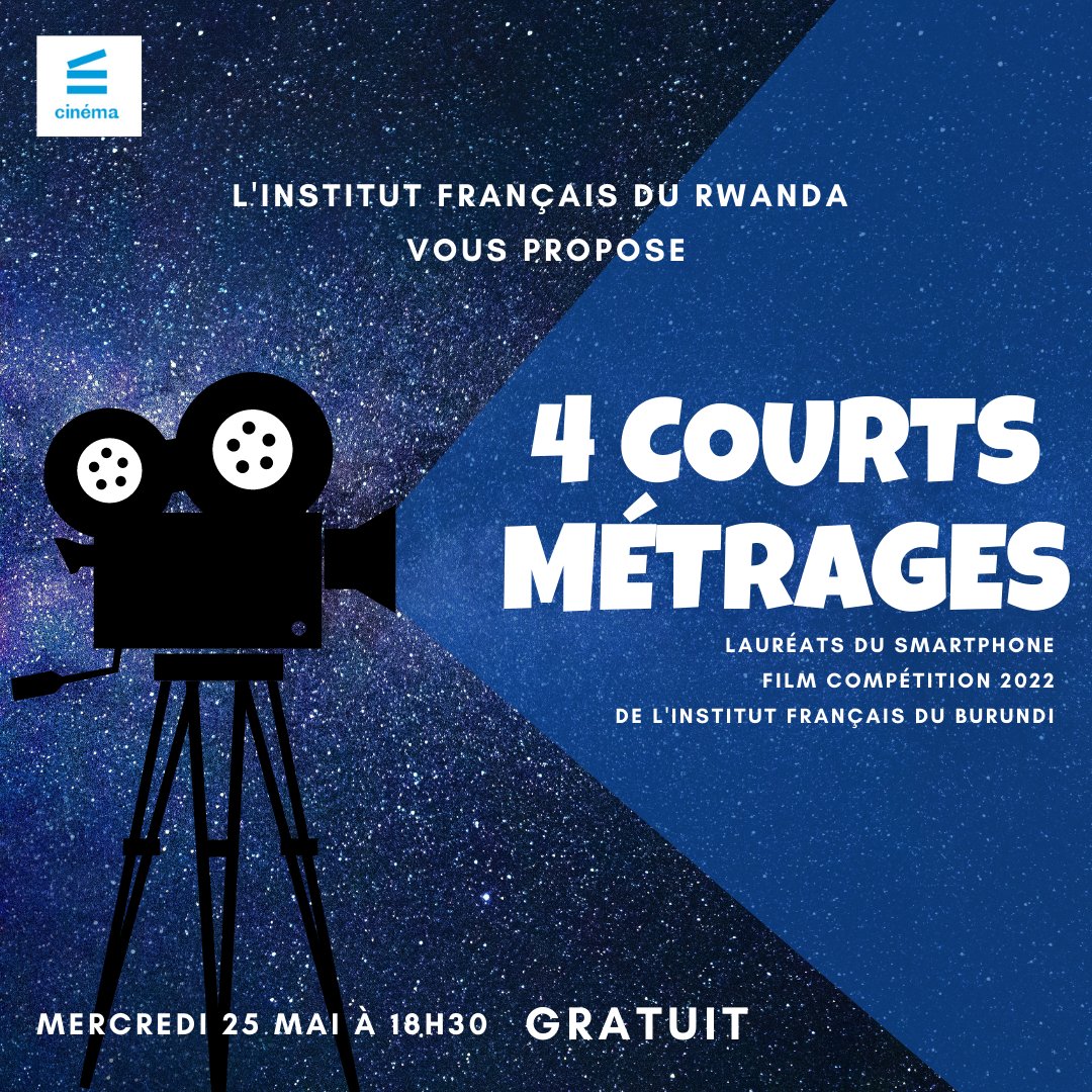 Demain c'est cinéma ! 🎞️
4 courts-métrages #gagnants 🏆  du #smartphoneFilmCompetition de l’
<a href="/IFBurundi/">Institut français du Burundi</a>  de cette année le :

🗓️ Mercredi 25 mai à 18h30 
📍 @ifrwanda
💸 #gratuit 

<a href="/UEauBurundi/">UE au Burundi</a>