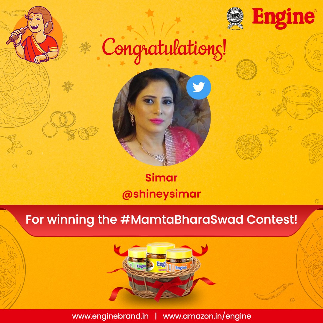 EngineBrand_in's tweet photo. Heartiest congratulations to @shineysimar winner of the #MamtaBharaSwad Contest on Twitter!🎉
We also thank other participants for their active participation.
#EngineBrand #ContestWinners #WinnersAnnouncement #ContestOnEngine #EngineHamper #FreeHamper #MamtaBharaSwad #DesiFood https://t.co/AWD90njCP4