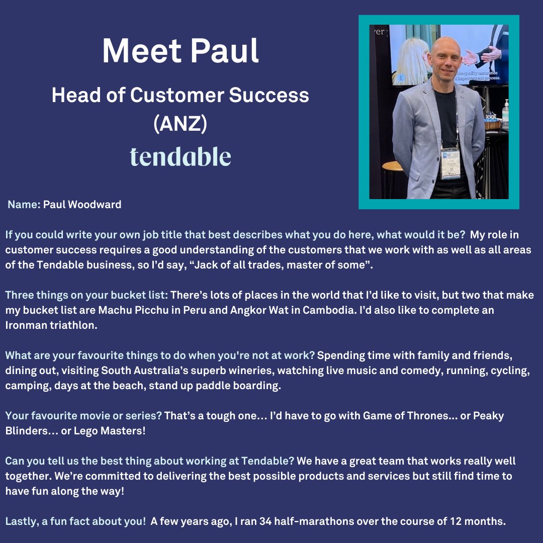 WeAreTendable's tweet photo. It's #TeamTendable Tuesday and this week we have the fantastic Paul from our team in Australia! 🌏

#WeAreTendable #meettheteam #healthcare #healthtech https://t.co/3cTF2hTgL2